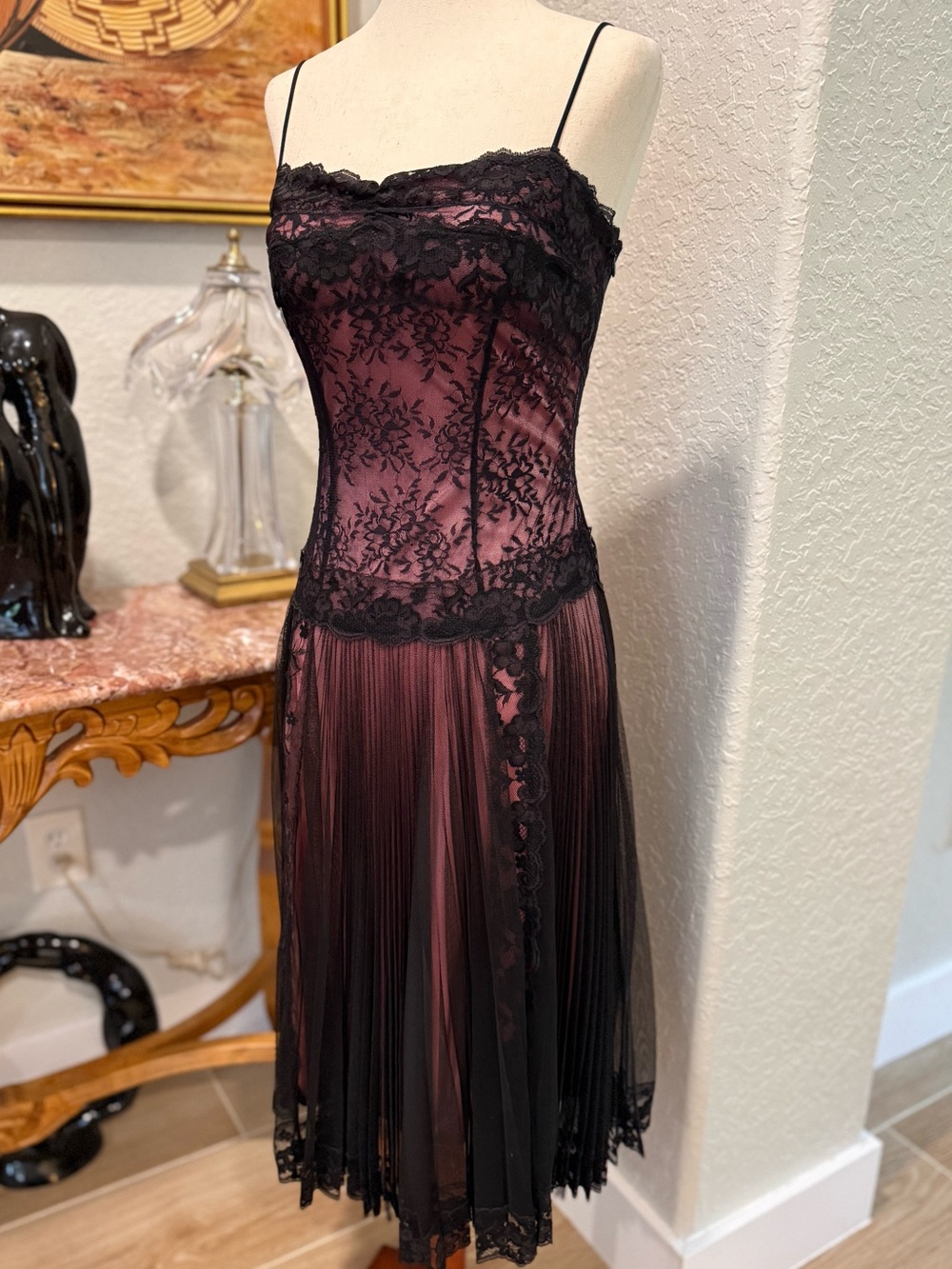 Vintage Betsey Johnson Slip Dress with Black Lace Overlay